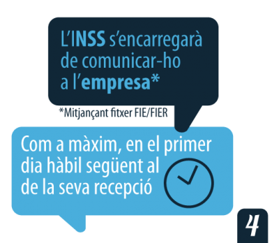 L'INSS s'encarregarà de comunicar-ho a l'empresa, com a màxim, en el primer dia hàbil següent al de la seva recepció